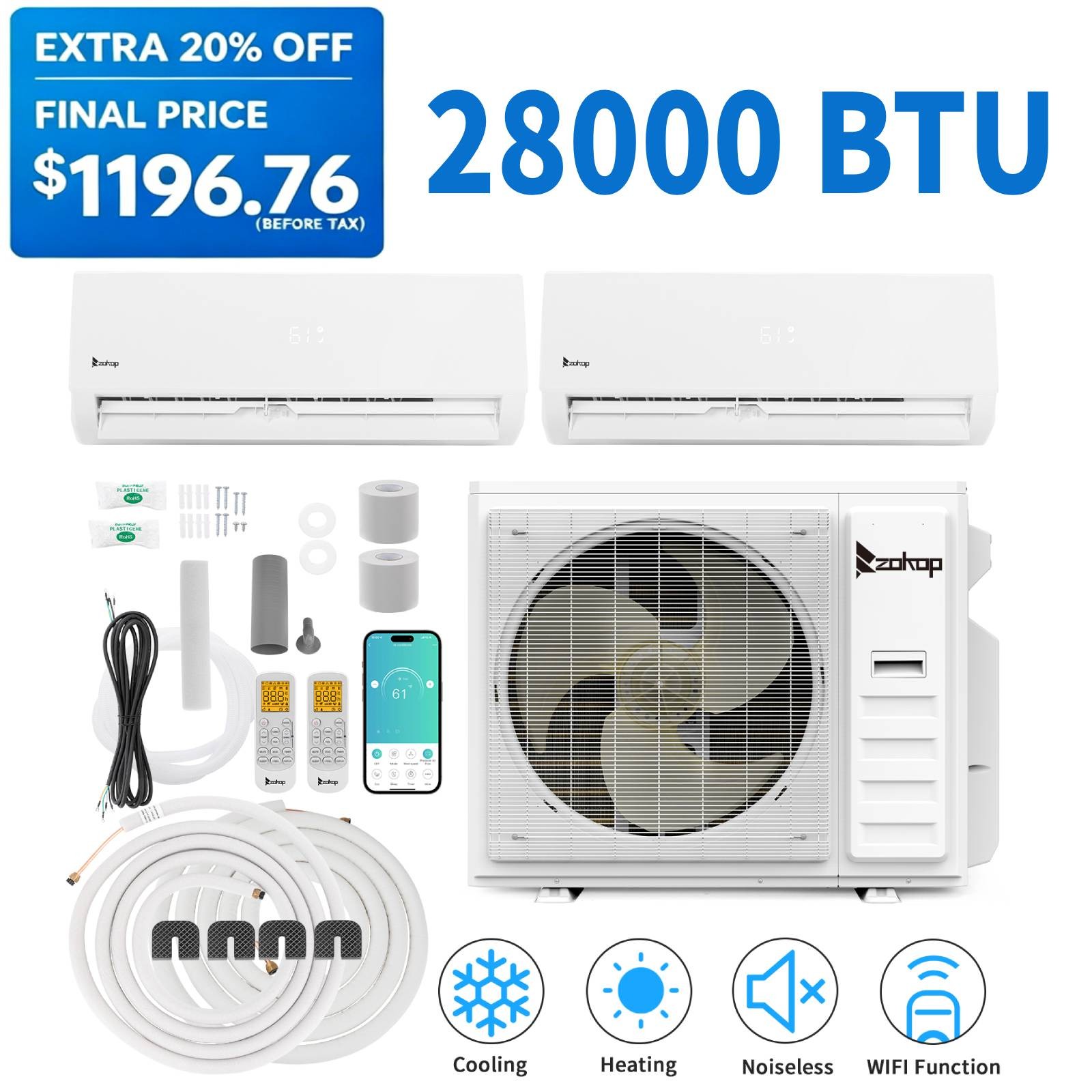 28000 BTU 2 Zone AC Ductless Mini Split Air Conditioner  with Heat Pump (9K+18K)
