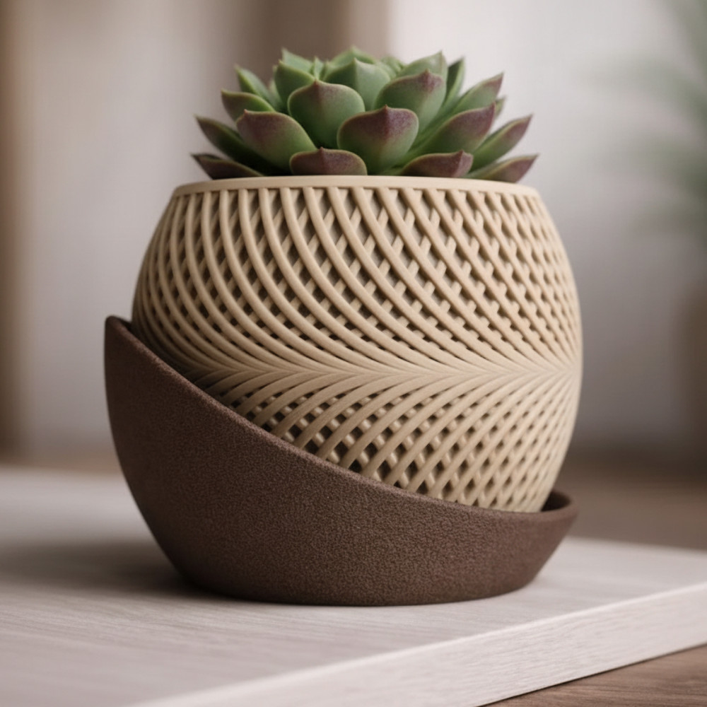 Modern Succulent Planter with Drip Tray 4in Woven Texture Boho Pot 3D Printed