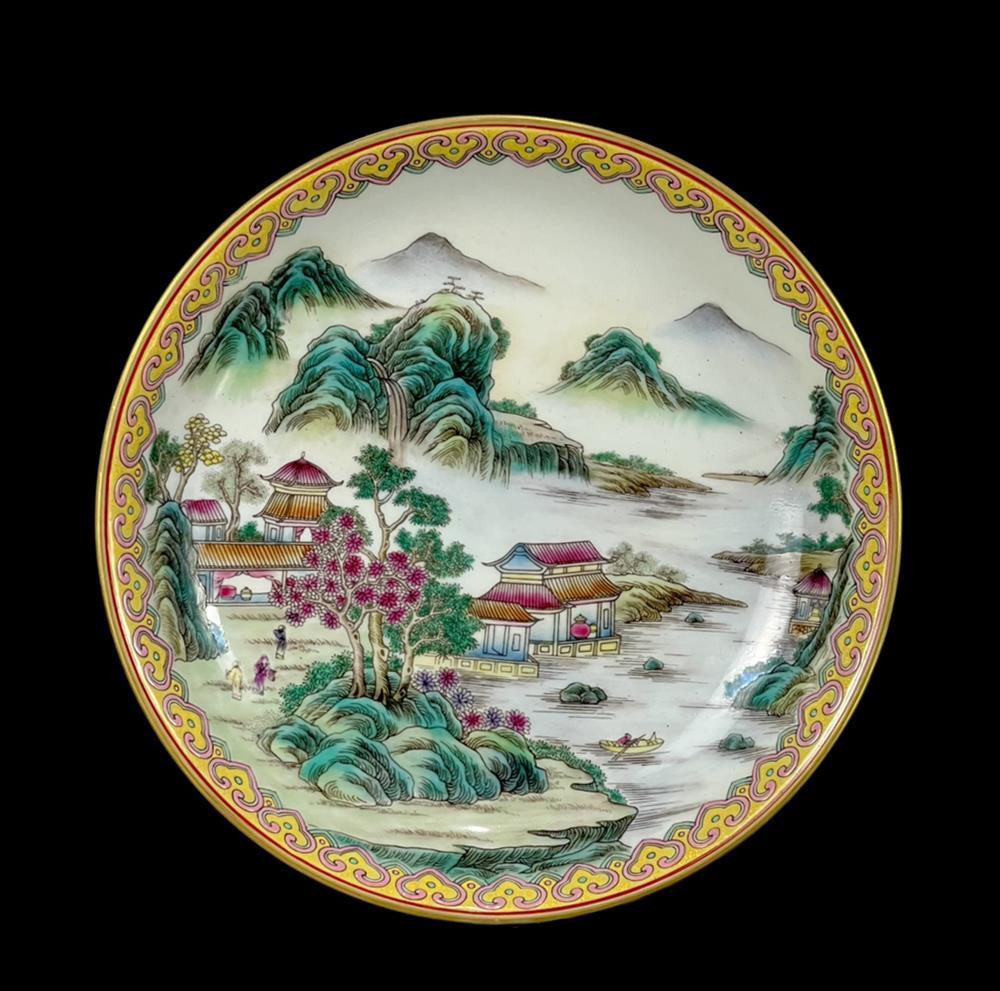 Yongzheng Signed Old Chinese Famille Rose Dish Plate W/landscape Q171
