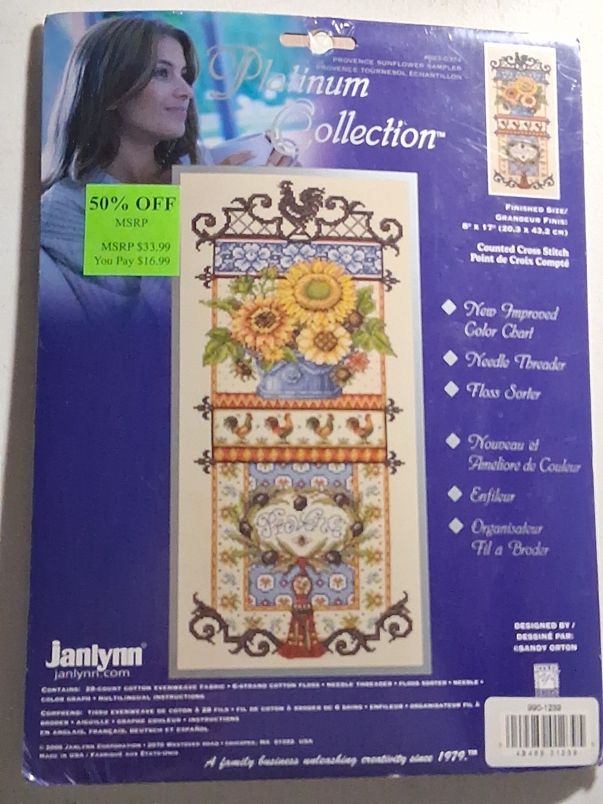 NEW Janlynn Platinum Collection Cross Stitch Provence Sunflower Sampler 023-0374
