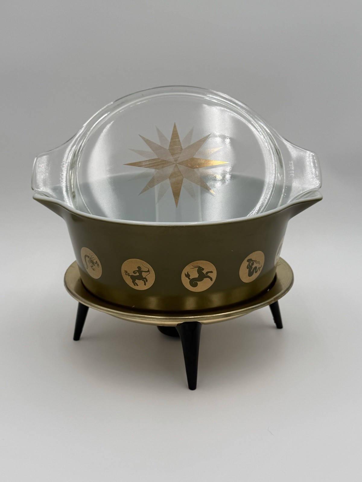 Vintage 1961 Pyrex Zodiac 475 Casserole Lid Candle Warmer Cradle MCM Rare