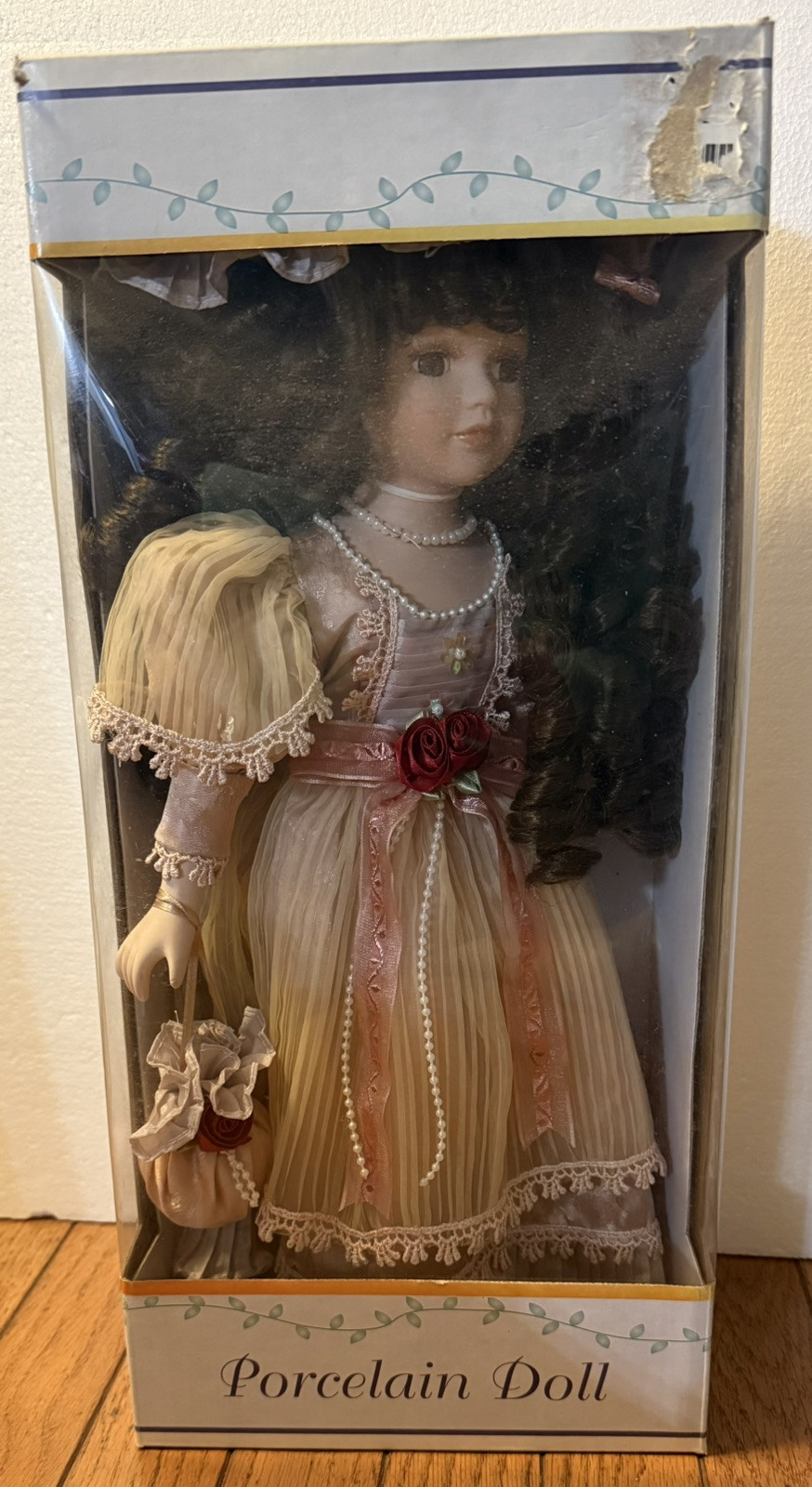 VTG 90s Victorian Style Porcelain Doll Curly Brown Hair Pink Dress Purse ~18” T