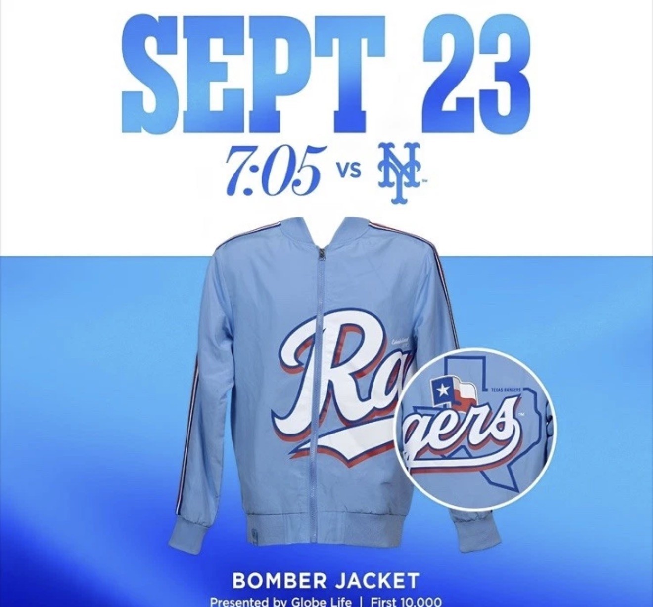 TEXAS RANGERS BOMBER JACKET SGA STADIUM SGA 09/23 SIZE M IN HAND TEXAS RANGERS BOMBER JACKET SGA STADIUM SGA 09/23 SIZE M IN HAND