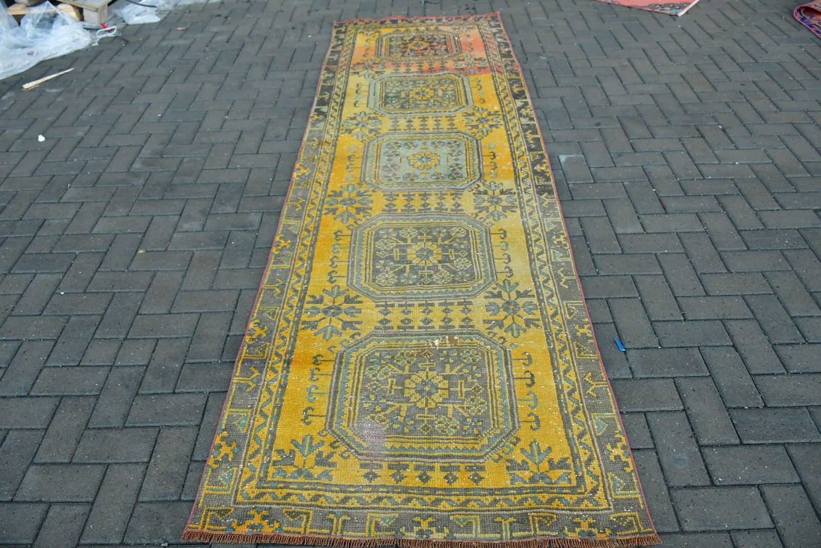 Vintage 3,3x10,3 ft Rug, Runner Turkish Rug, Yellow Blue Ombré Rug
