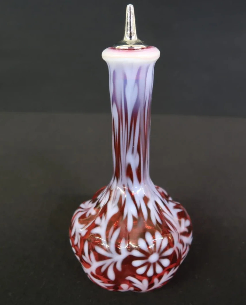 Vtg Fenton ® LG Wright Daisy & Fern Cranberry Opalescent Barber Bottle-RARE