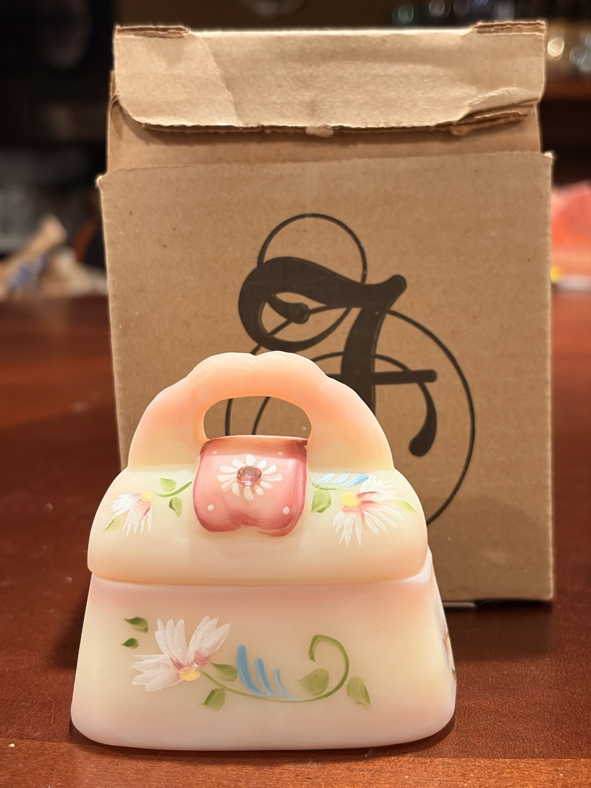 Fenton Burmese UV Glow Painted Purse Handbag Trinket Box 2001 Fenton Fam Signed