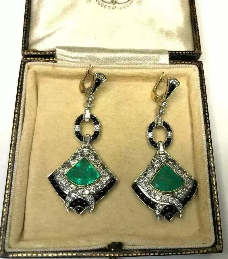 3Ct Art Deco Style Lab Created Emerald & Diamond Anniversary 925 Silver Earrings