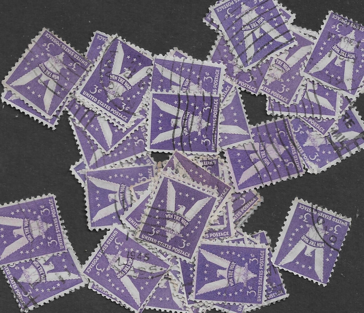 Postage Stamps For Crafting: 1942 3c Win The War - V & Eagle; Purple; 50 Pieces