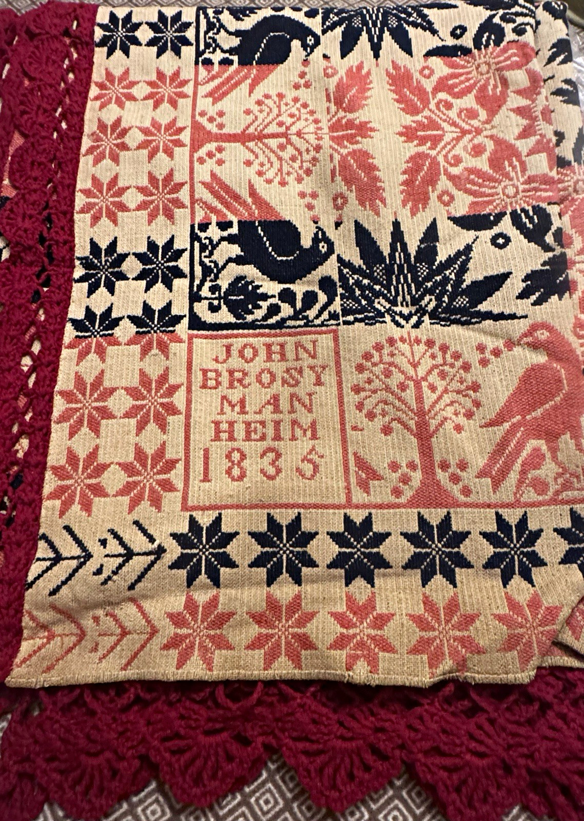 Antique Handwoven Floral Cotton Queen Coverlet 81x93 John Brosy(Brosey) 1835 Antique Handwoven Floral Cotton Queen Coverlet 81x93 John Brosy(Brosey) 1835