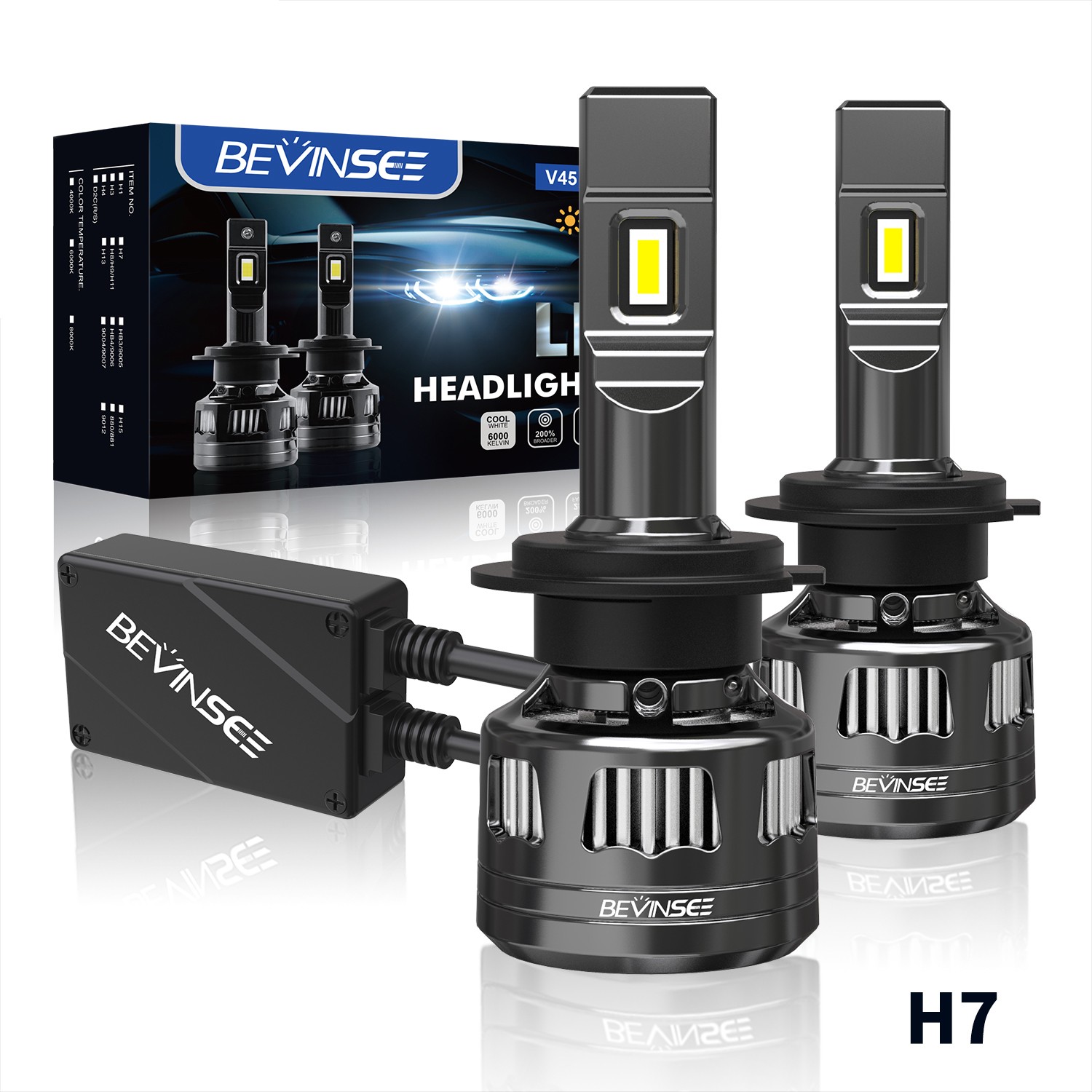 BEVINSEE 2x H7 LED Headlights Bulbs High Low Beam 120W 22000LM 6000K High Power