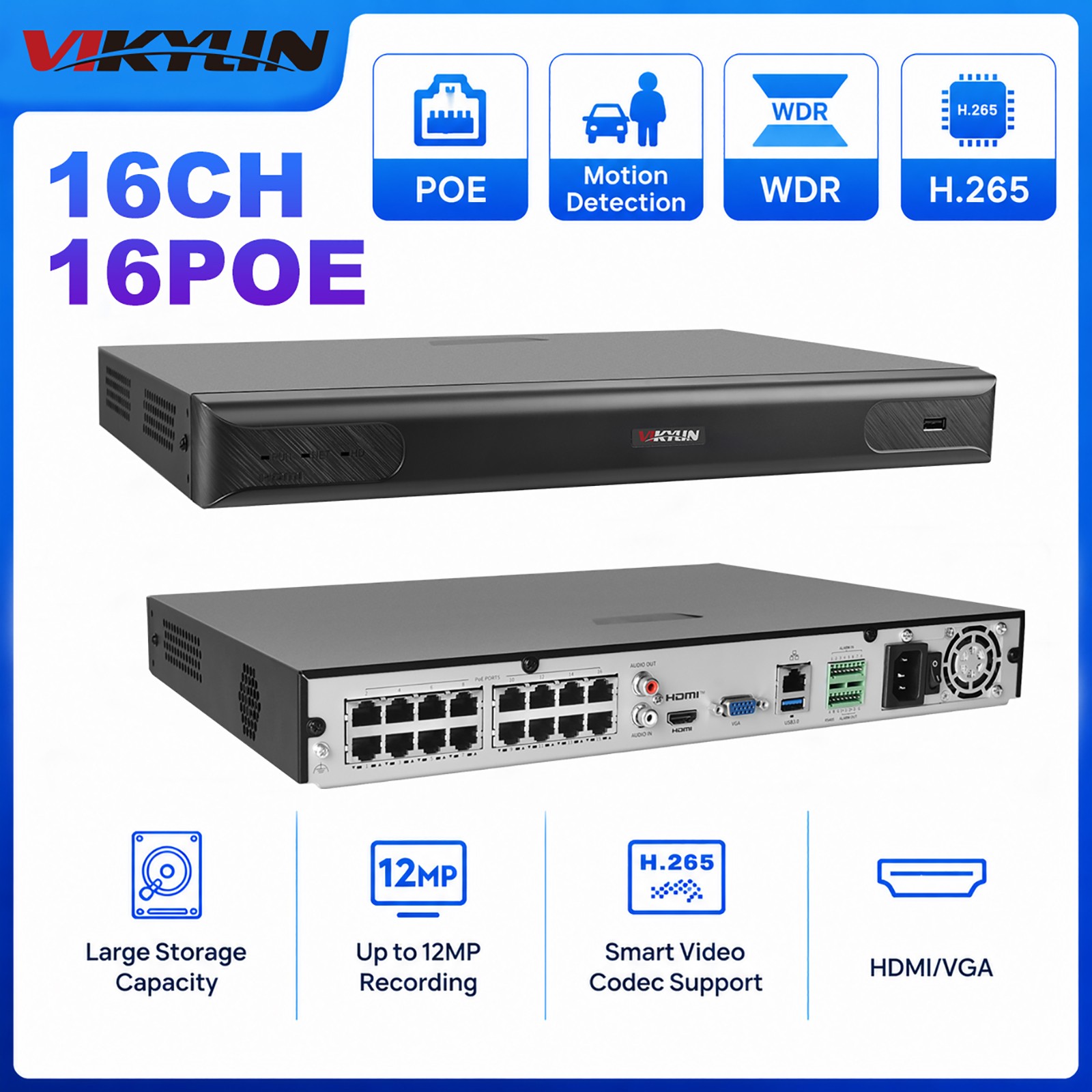 VIKYLIN 16CH 12MP NVR POE IP Network Video Recorder H.265+ for Security System