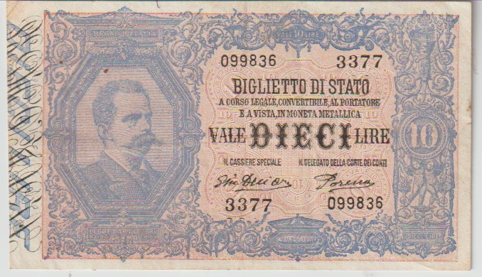 Italy 10 Lire Banknote 1888 Choice Very Fine Grade-35 P#20-A \