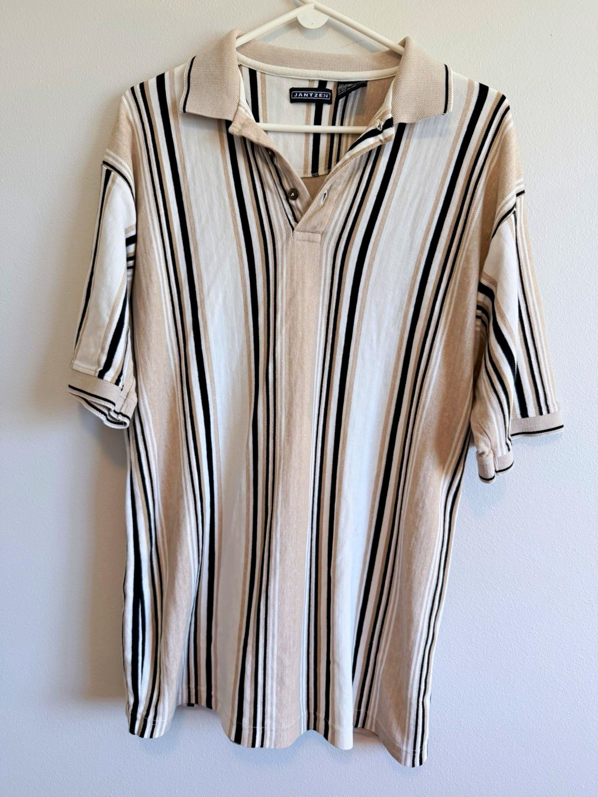 Vintage Jantzen Men\'s M Cotton Striped Polo Shirt Beige/White/Black Short Sleeve