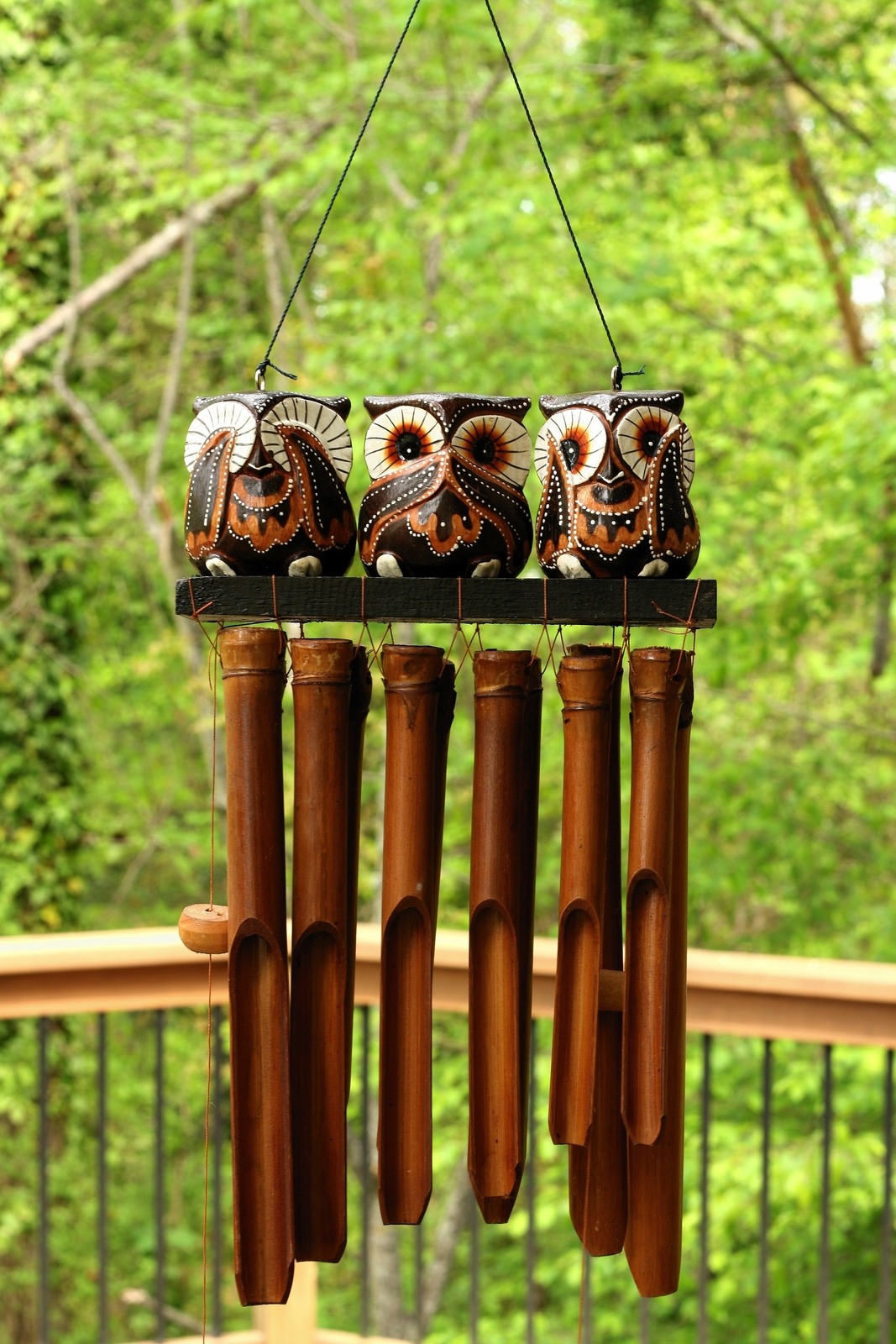 Handmade Wooden See Hear Speak No Evil Owl Bamboo Wind Chime Wood Hoot Outdoor