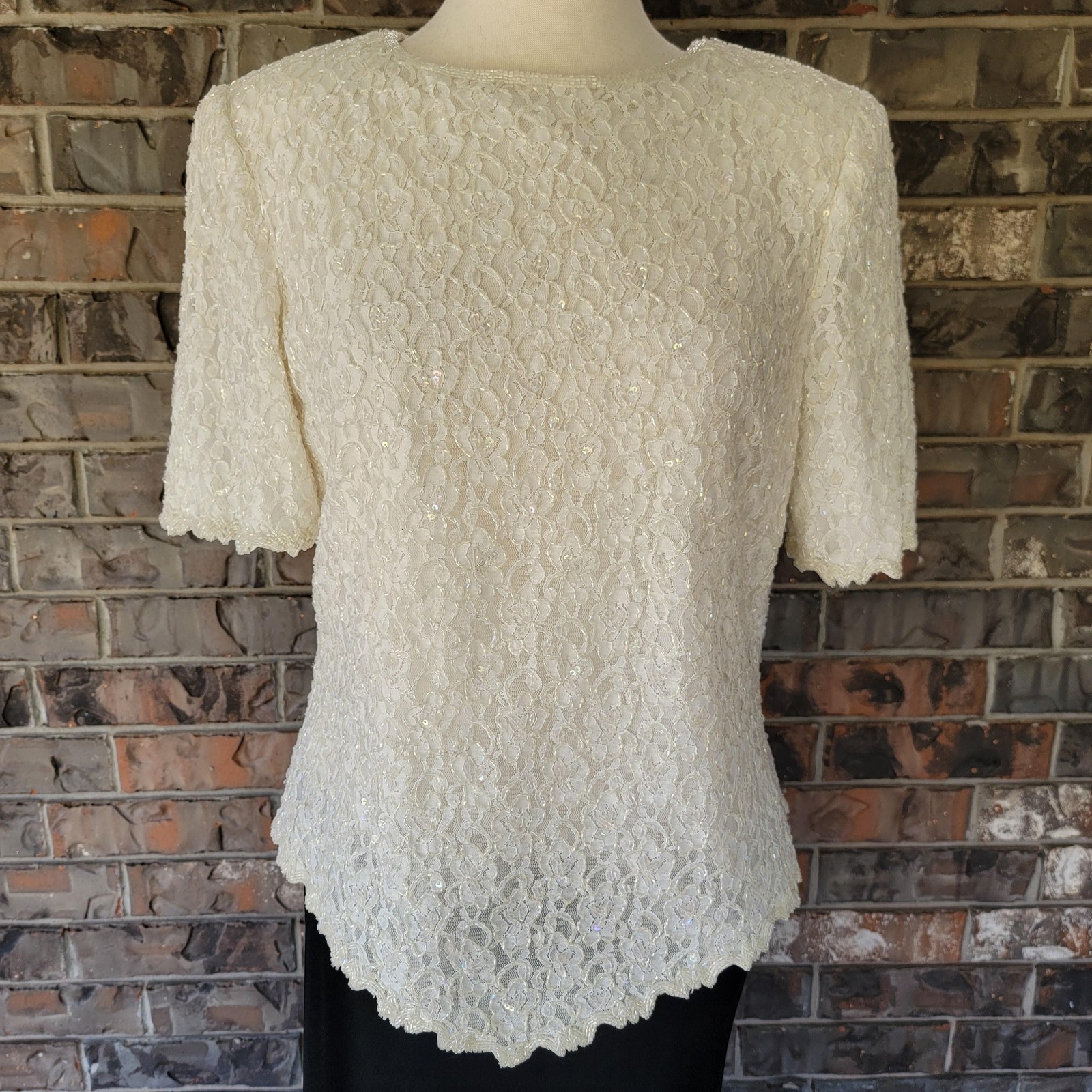 VINTAGE Laurence Kazar Shirt Womens XL Ivory Hand Beaded Sequin Lace Top 90s