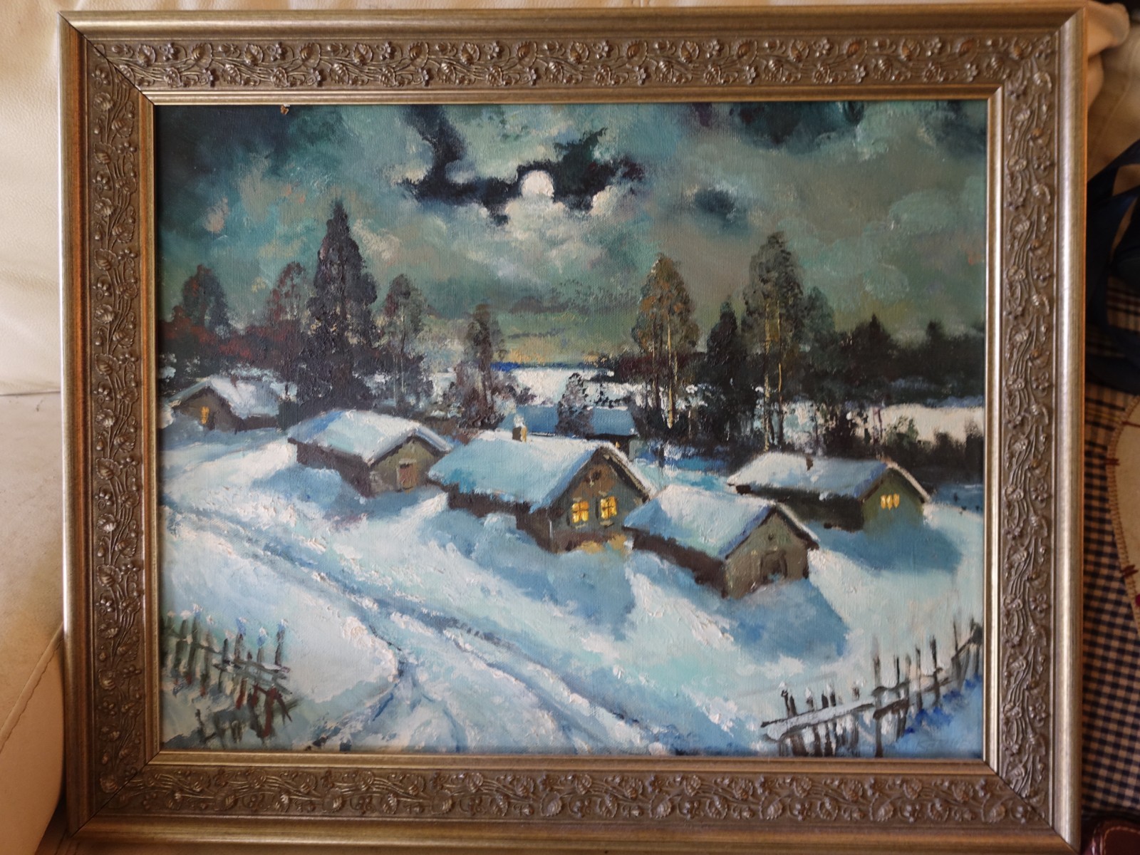 Russian Snow Scene,by Moonlight, Fine Framed Oil Painting,Signed.