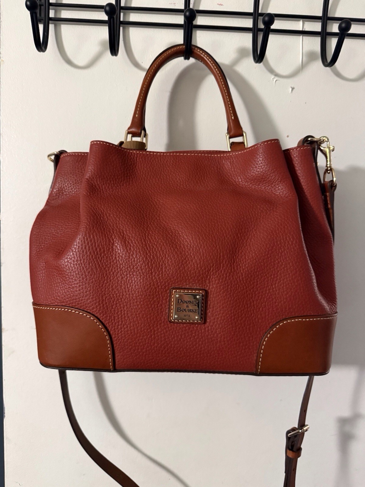 Dooney & Bourke Pebbled Leather Satchel Top Handle Brown/Red Detach Strap