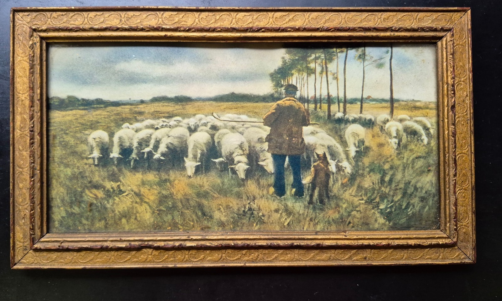 Vintage Framed Landscape Print Shephard With Sheep And Dog