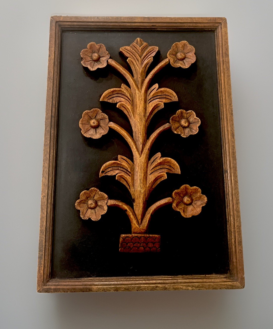 Vintage MCM Teak Tree Wood Carved Flowers Framed Picture Boho Wall Decor 17 Vintage MCM Teak Tree Wood Carved Flowers Framed Picture Boho Wall Decor 17
