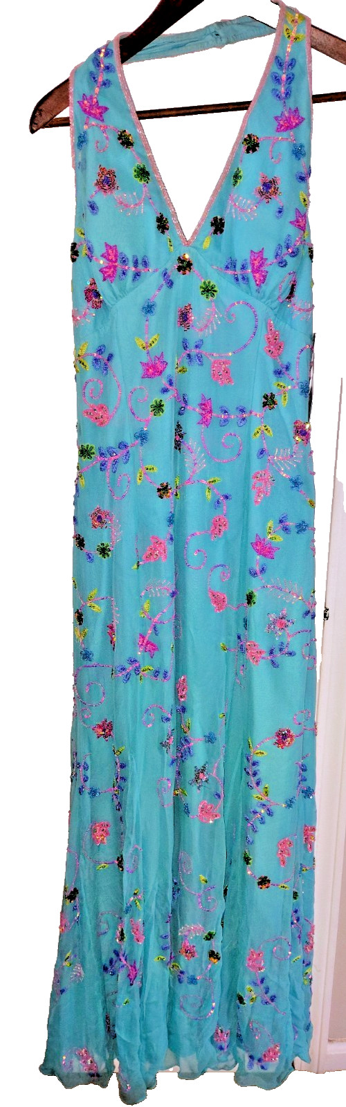 Sean Couture 100% Silk Beaded Halter Maxi Dress Womens L Blue Sequin Prom Gown