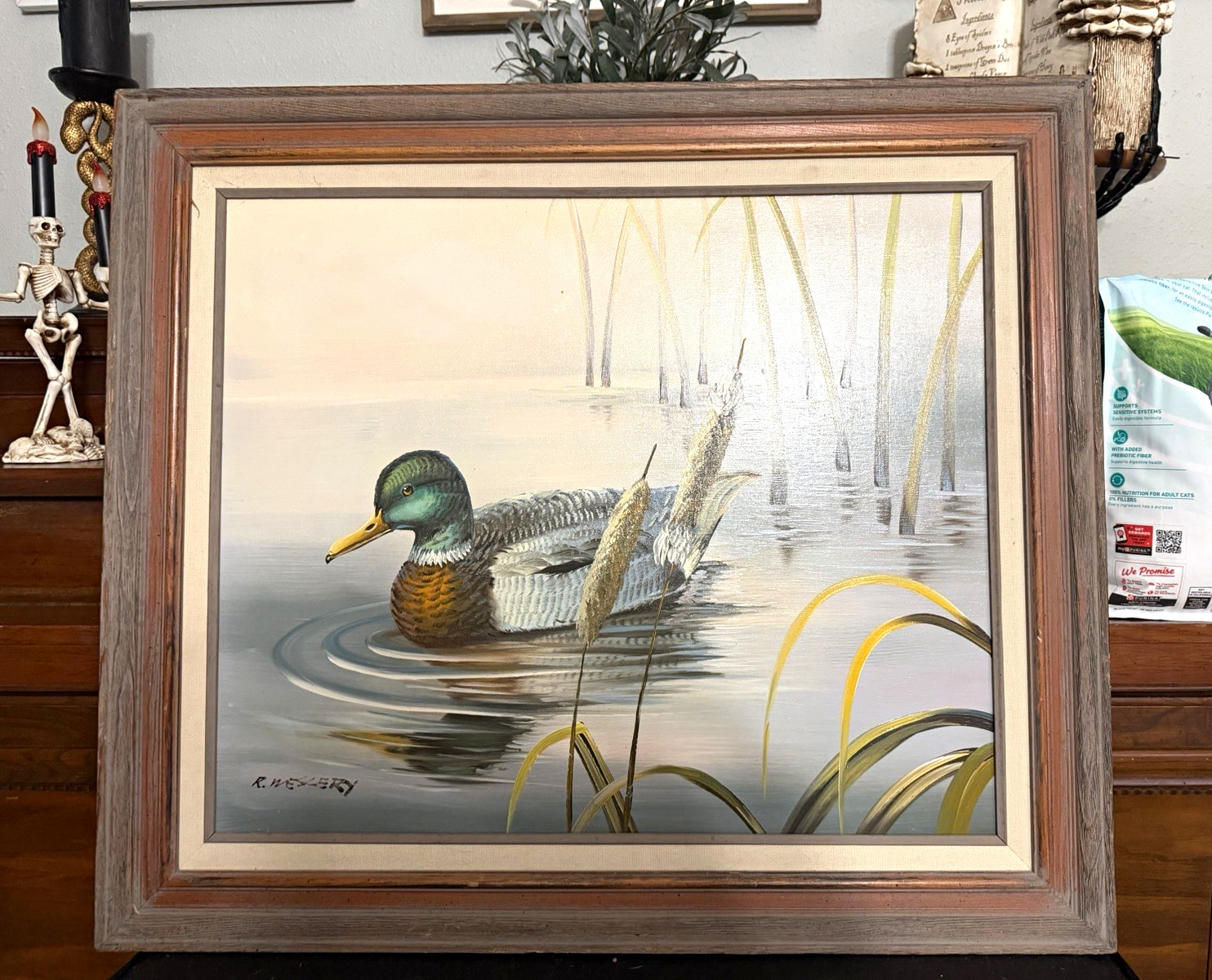 R. Mesker Large Framed Signed Duck Wetlands Realism Canvas Painting R. Mesker Large Framed Signed Duck Wetlands Realism Canvas Painting