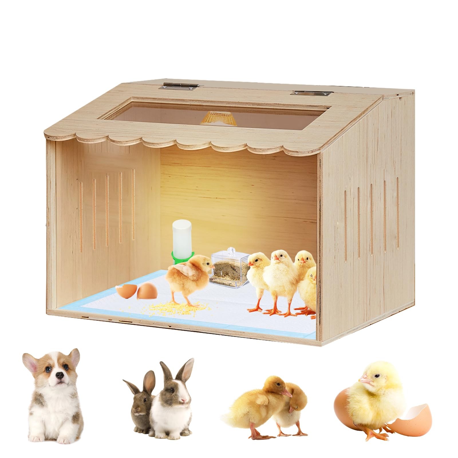 Wooden Chicken Brooder Box Kit with Heating Lamp, Thermometer, Food & Water Feed