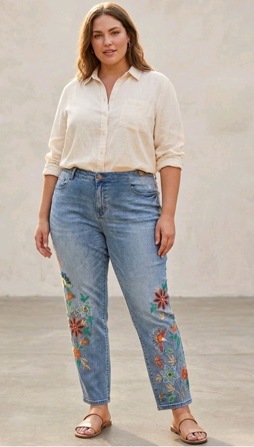 DG2 Diane Gilman Stretch Denim Embroidered Jeans Hippie Cottagecore Festival 24W