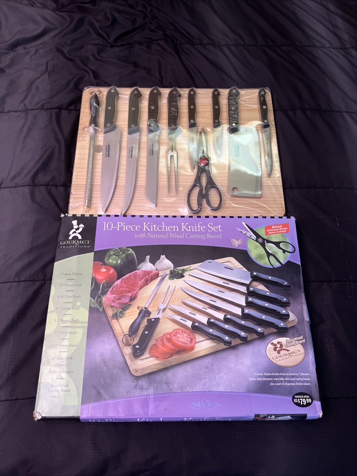 Gourmet Traditions 10 Piece Kitchen Knife Set W/Cutting Board New Open Box Gourmet Traditions 10 Piece Kitchen Knife Set W/Cutting Board New Open Box