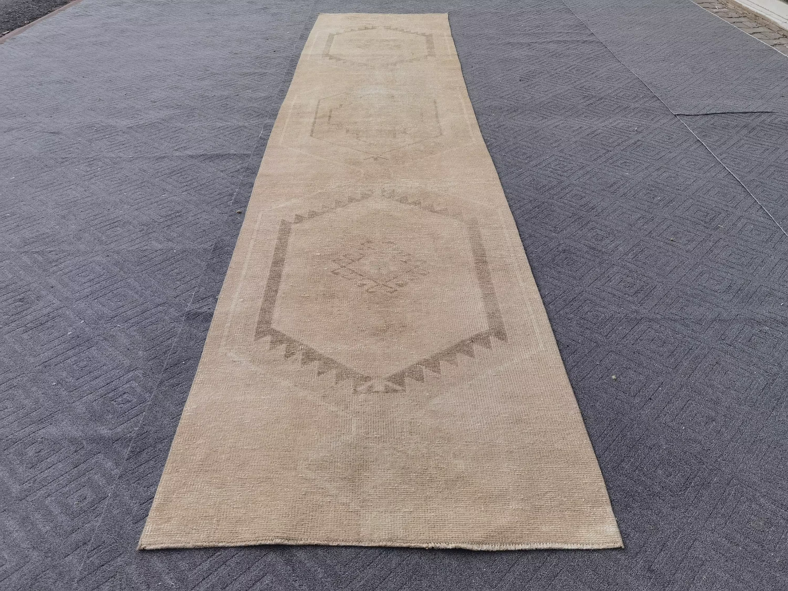 Neutral Runner Rug 3x14  Cream Brown Vintage Turkish Oushak Distressed Beige Rug