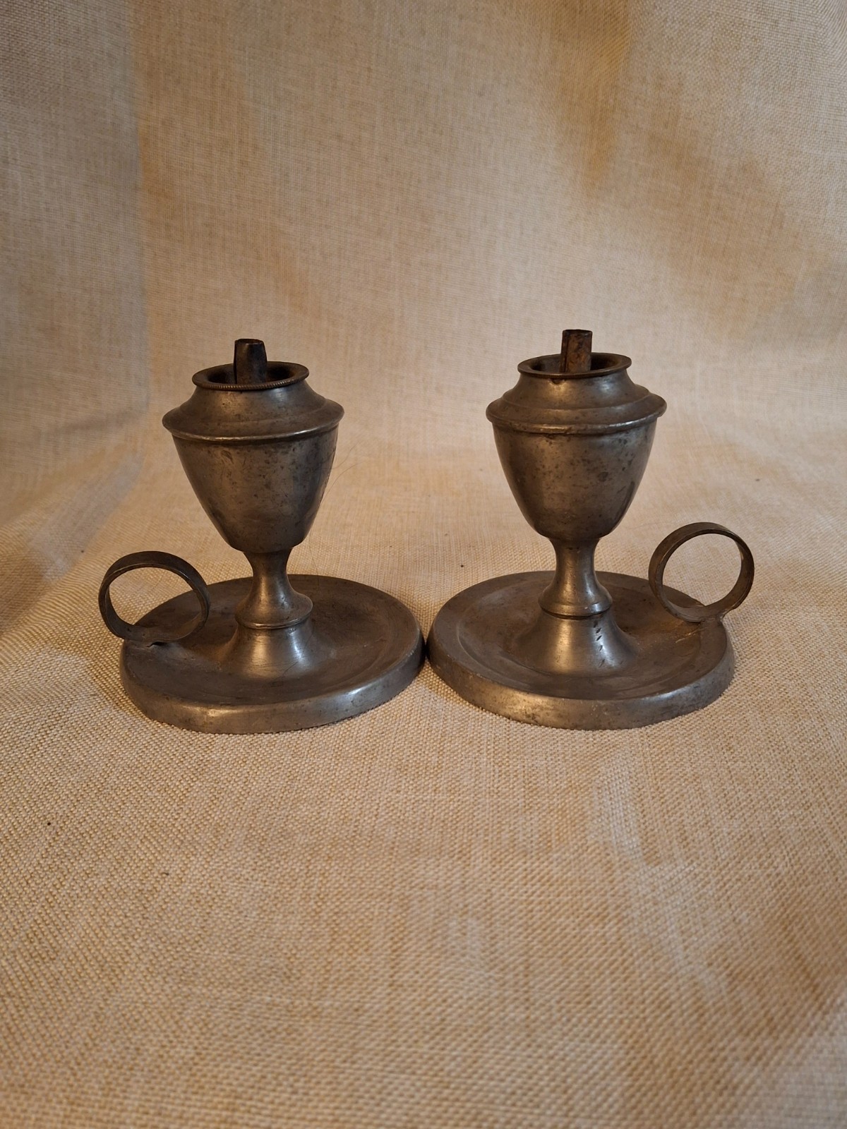 Pair Antique Mini Pewter Whale Oil Finger Lamps Single Tube Burners c. 1830-1850