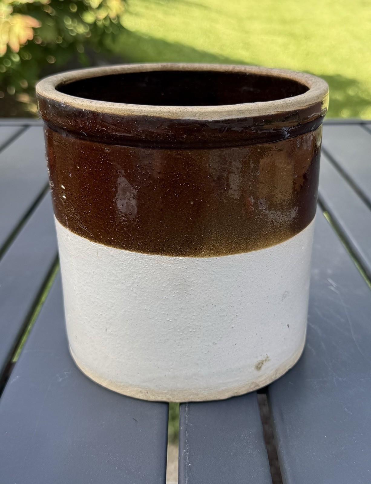 Antique Stoneware Small Crock Two-Tone Brown/Beige Farmhouse 6 Antique Stoneware Small Crock Two-Tone Brown/Beige Farmhouse 6