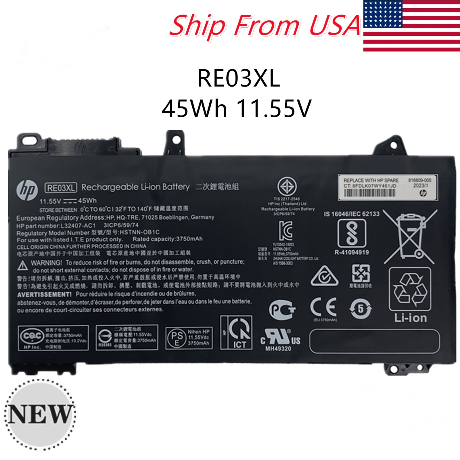 NEW OEM 45WH RE03XL Battery For HP ProBook 430 440 445 450 G6 G7 L32656-005