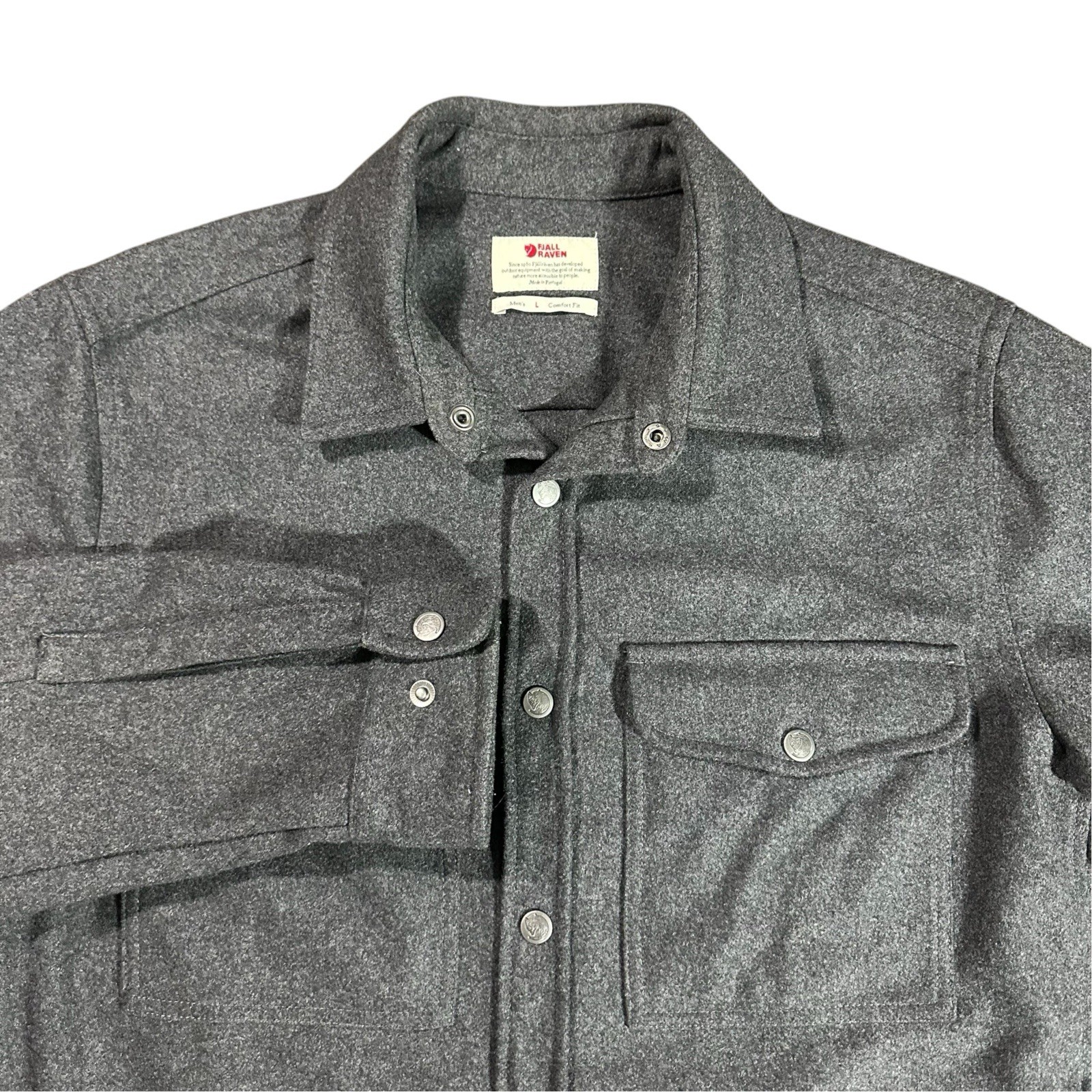 Fjallraven Men\'s Size Large Singi Wool Overshirt Button Snap Comfort Fit Grey Fjallraven Men\'s Size Large Singi Wool Overshirt Button Snap Comfort Fit Grey