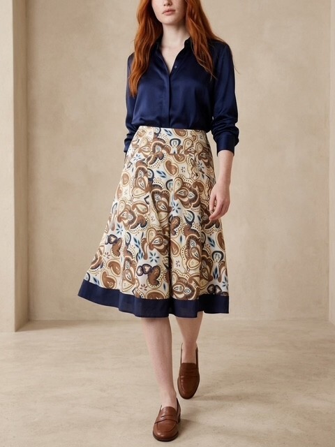 Ann Klein Printed Midi Skirt with Navy Border, Size 10