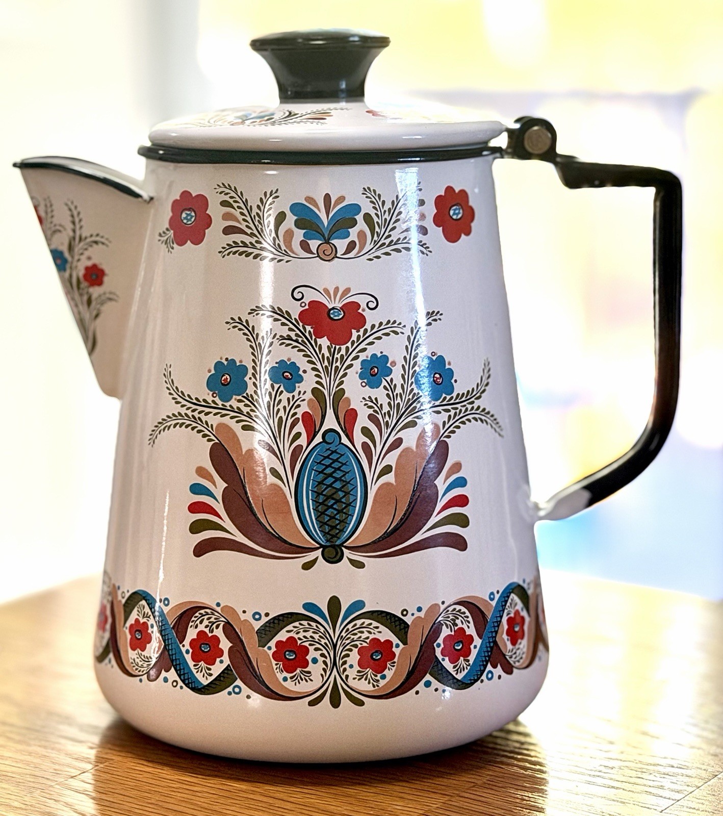 Vintage Swedish Berggren White Enamel Stovetop Coffee Pot Folk Art Sweden