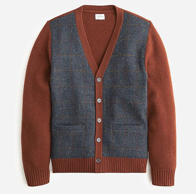 NWT J Crew 100% Wool Harris Tweed V-Neck Cardigan Sweater in Gray & Brown