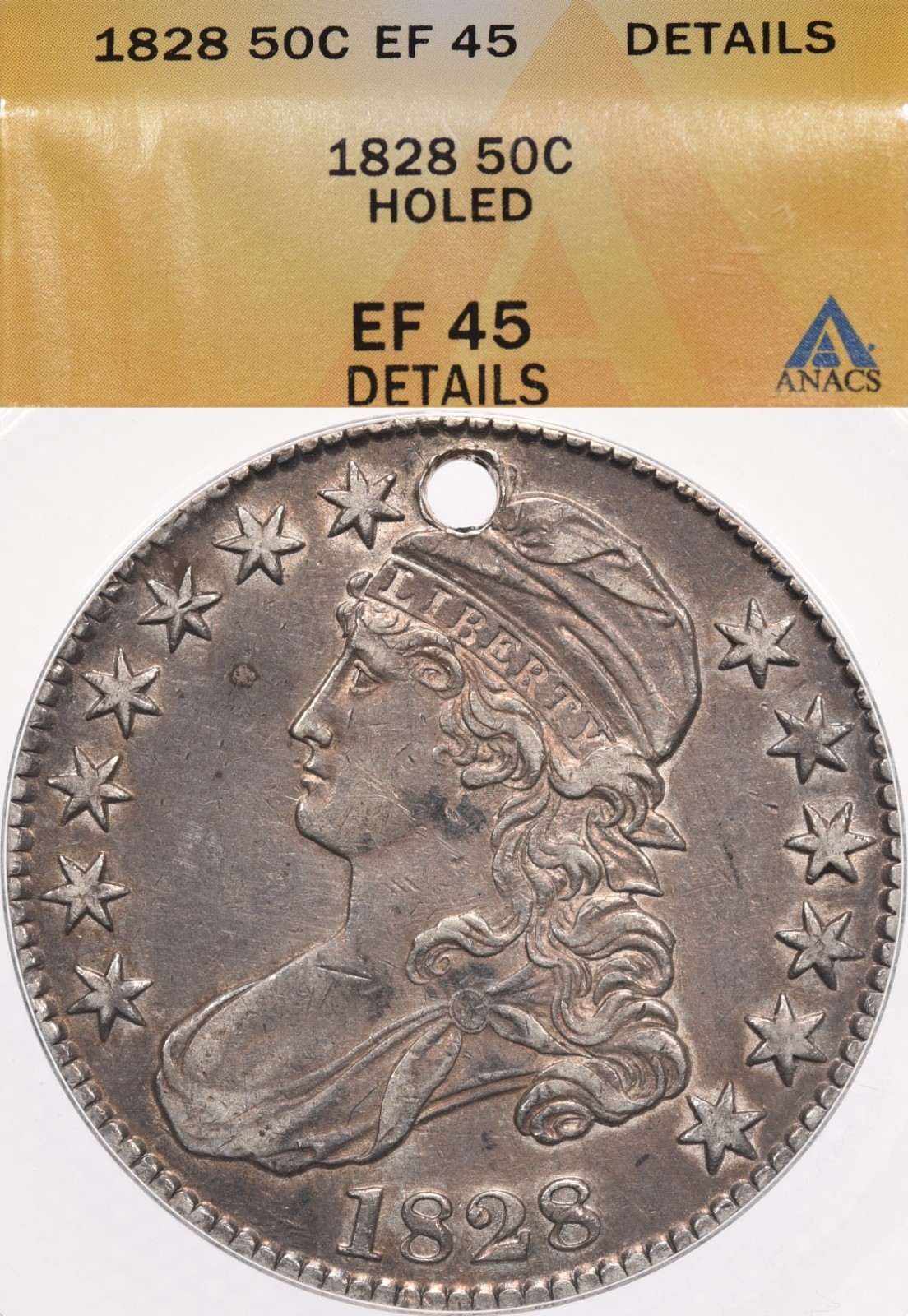 1828 50C ANACS XF45 Det. Capped Bust Silver Dollar Holed