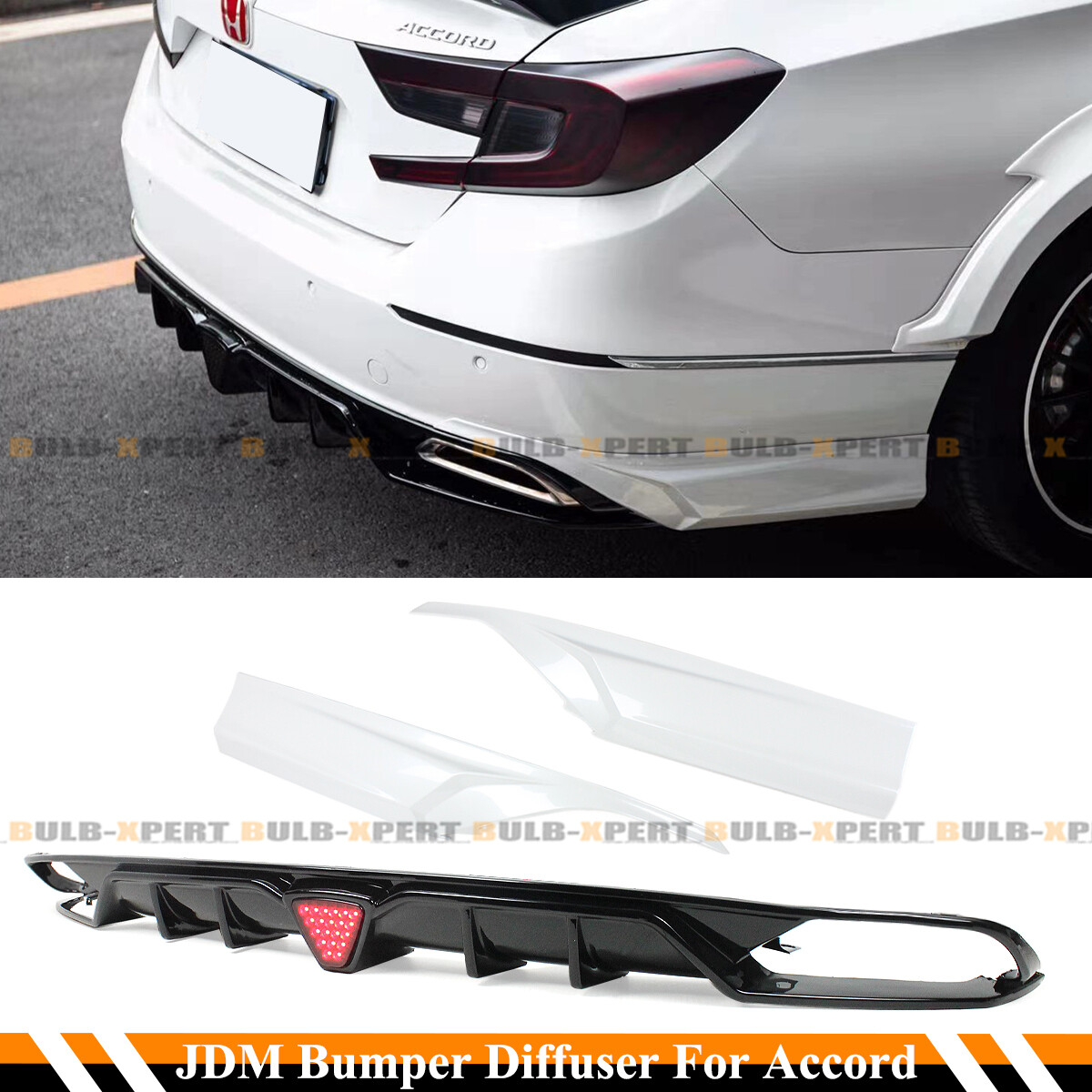 FOR 18-2022 ACCORD GLOSS BLACK LED REAR BUMPER DIFFUSER+ WHITE CORNER APRON SPAT