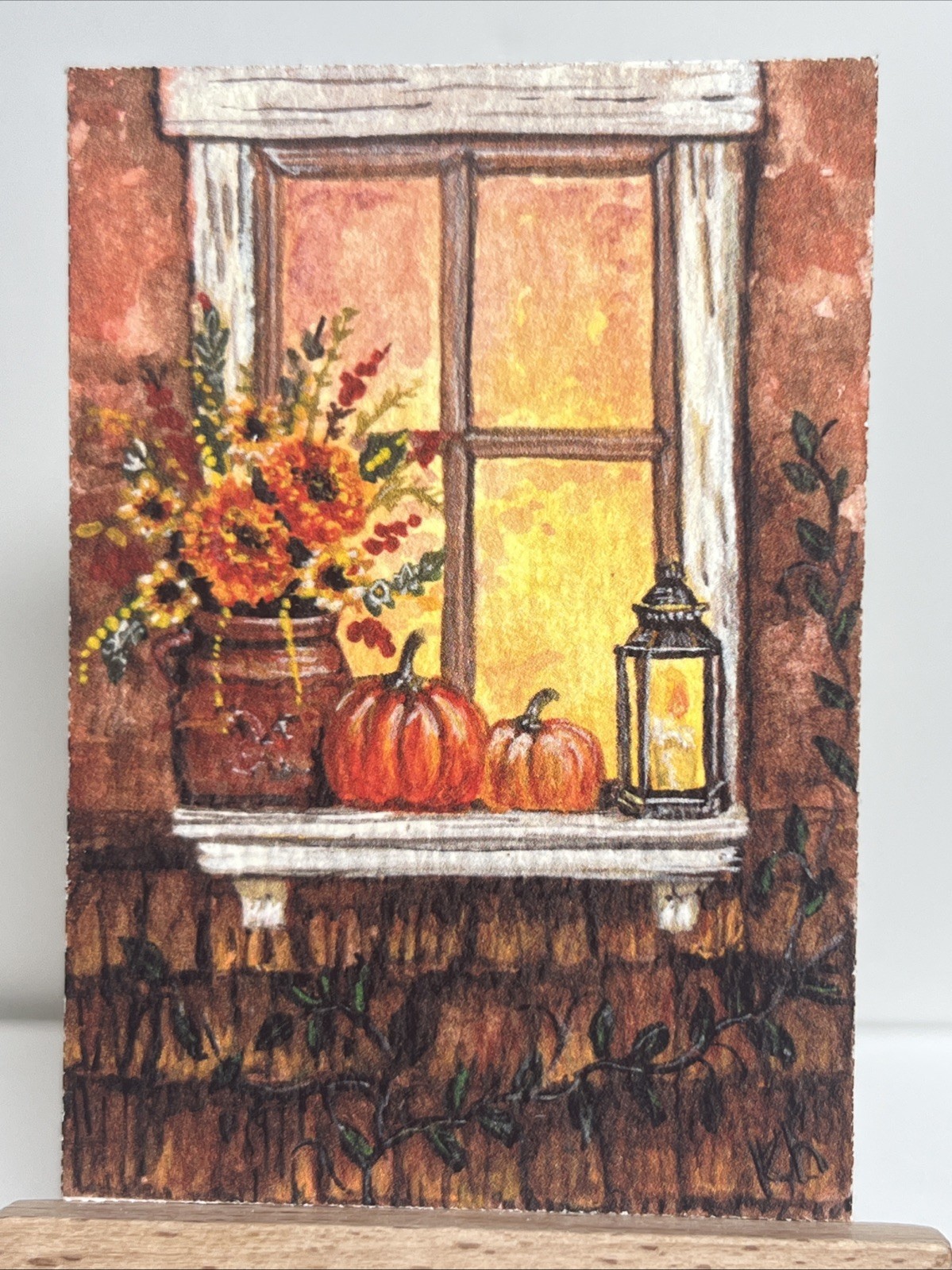 ACEO PRINT Autumn At The Cottage Pumpkins Fall Lantern Rustic Art By Kelly Horn