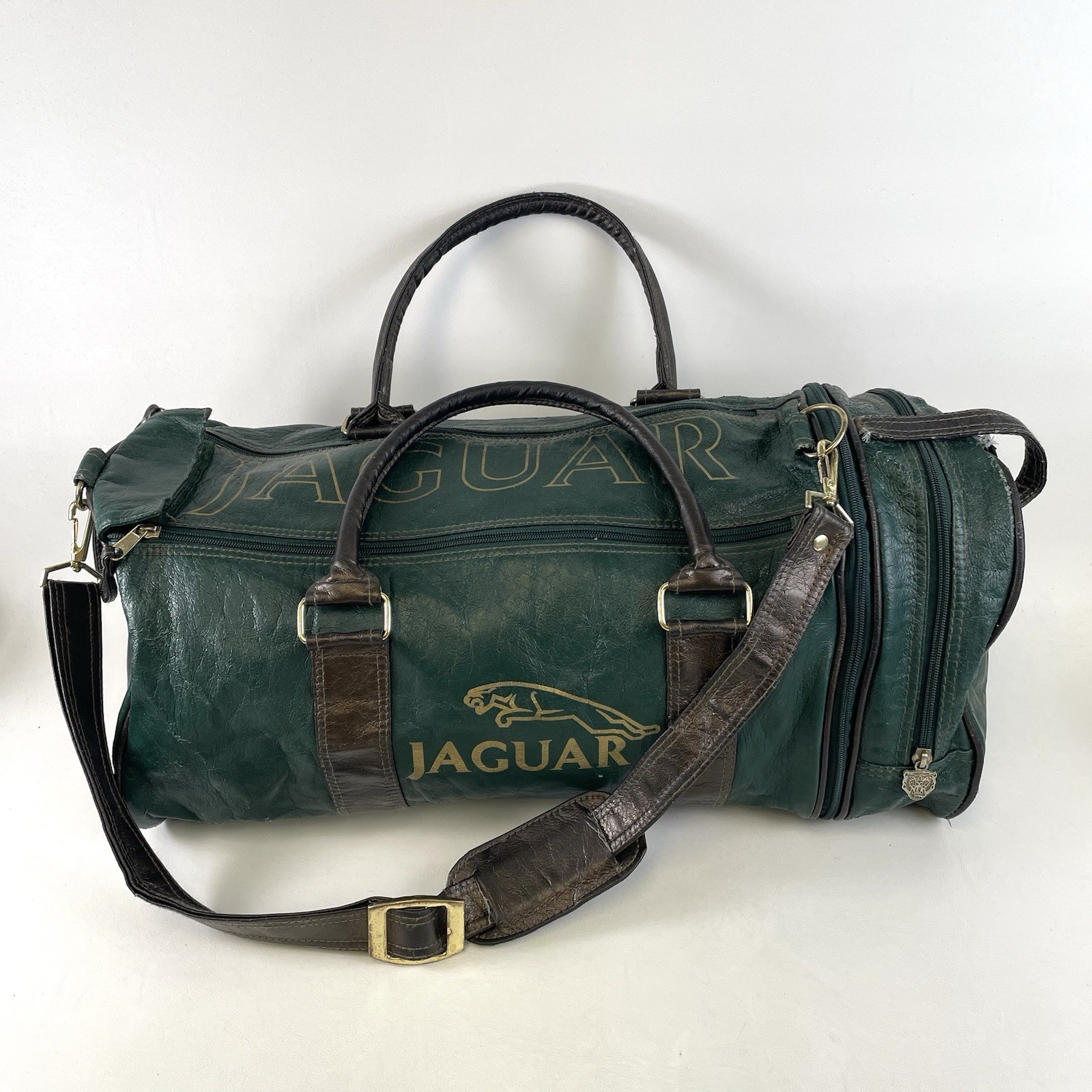 VINTAGE 80s JAGUAR Auto British Racing Green Holdall DUFFLE BAG Leather Travel VINTAGE 80s JAGUAR Auto British Racing Green Holdall DUFFLE BAG Leather Travel