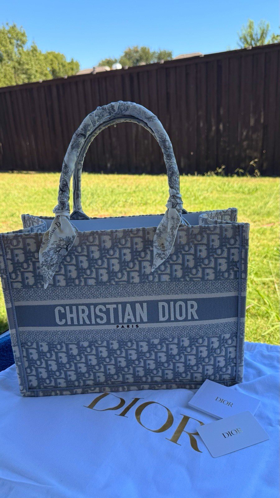 Christian Dior Book Tote Medium Gray/White Canvas Tote. Free scarf. New 99.8/100