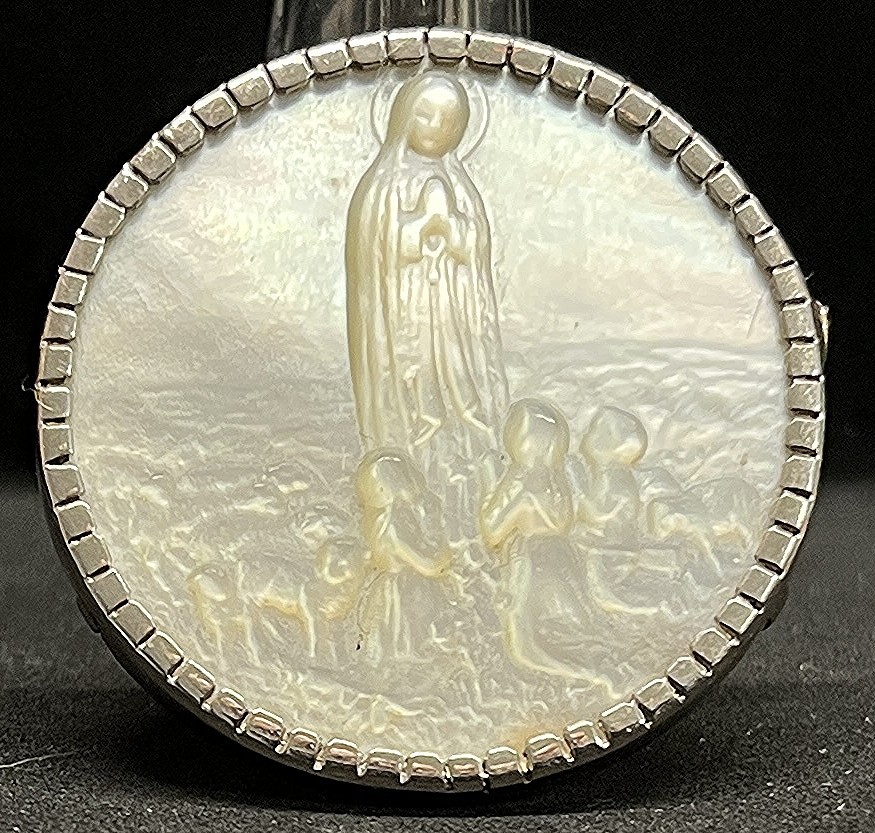 France 1920 large antique brooch Our Lady of Fatima silver, gold & mother pearl France 1920 large antique brooch Our Lady of Fatima silver, gold & mother pearl
