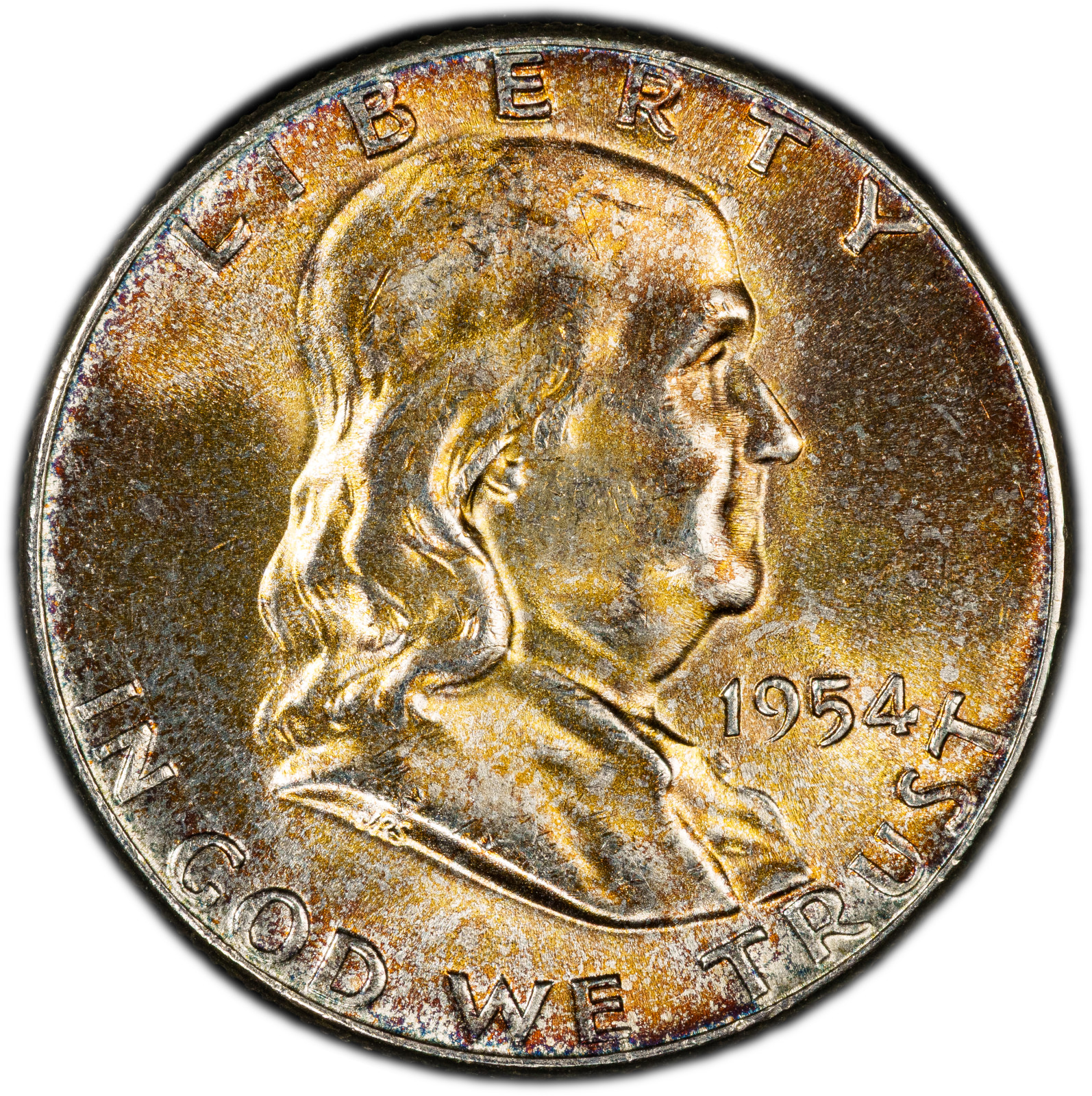 1954-P PCGS MS64 Franklin Half | Gorgeous Golden Rainbow Toning | Vibrant Color