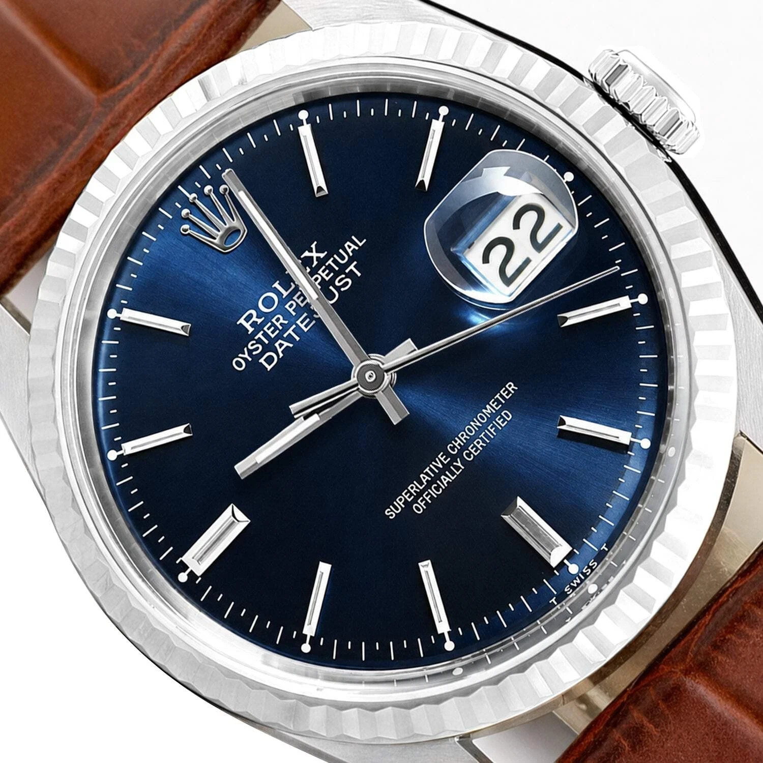 36mm Rolex Datejust 1601 Blue Dial 18K White Gold Bezel Stainless Steel Watch