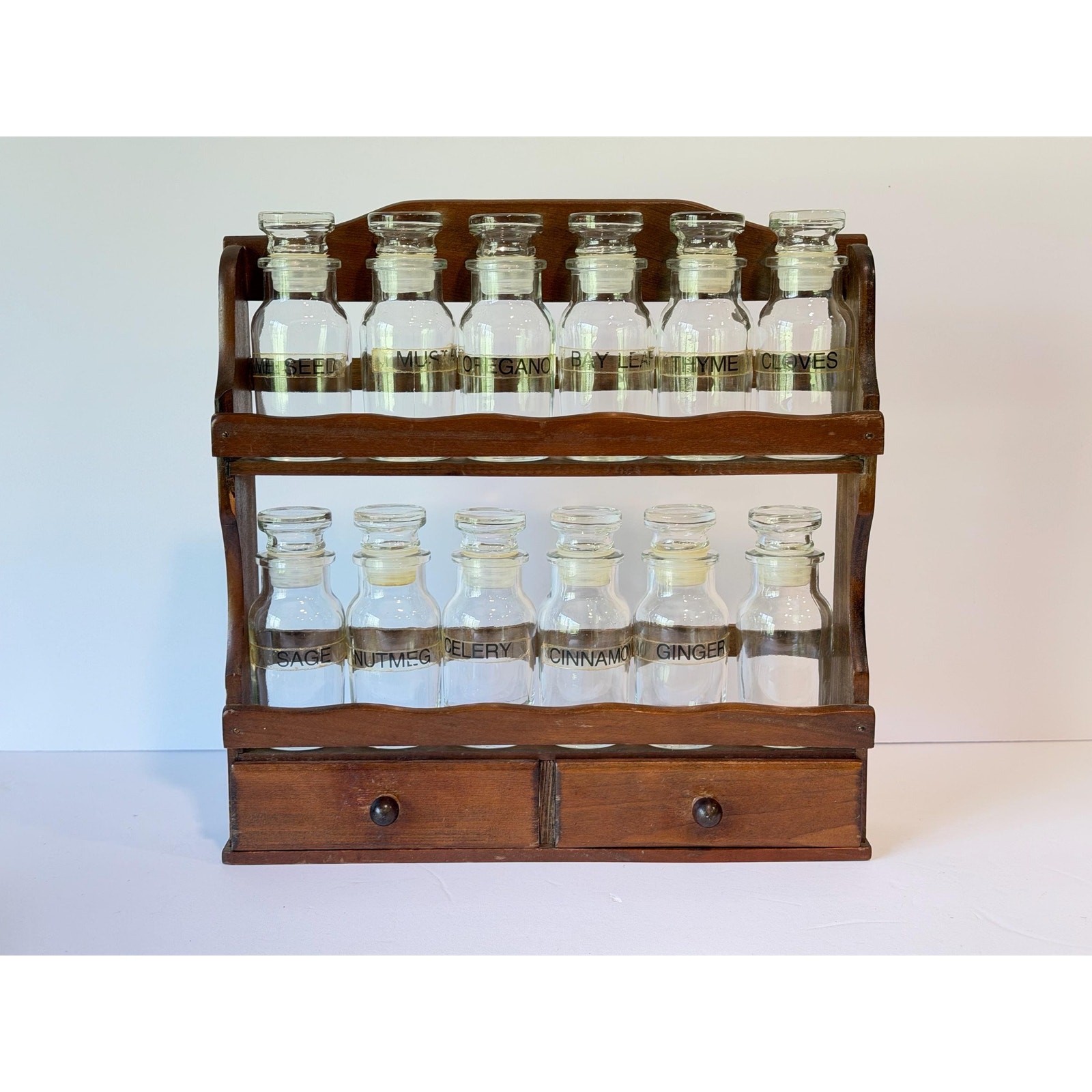 Vintage Wooden Spice Rack | 12 Glass Jars with Stopper | Two Drawers | 1970s