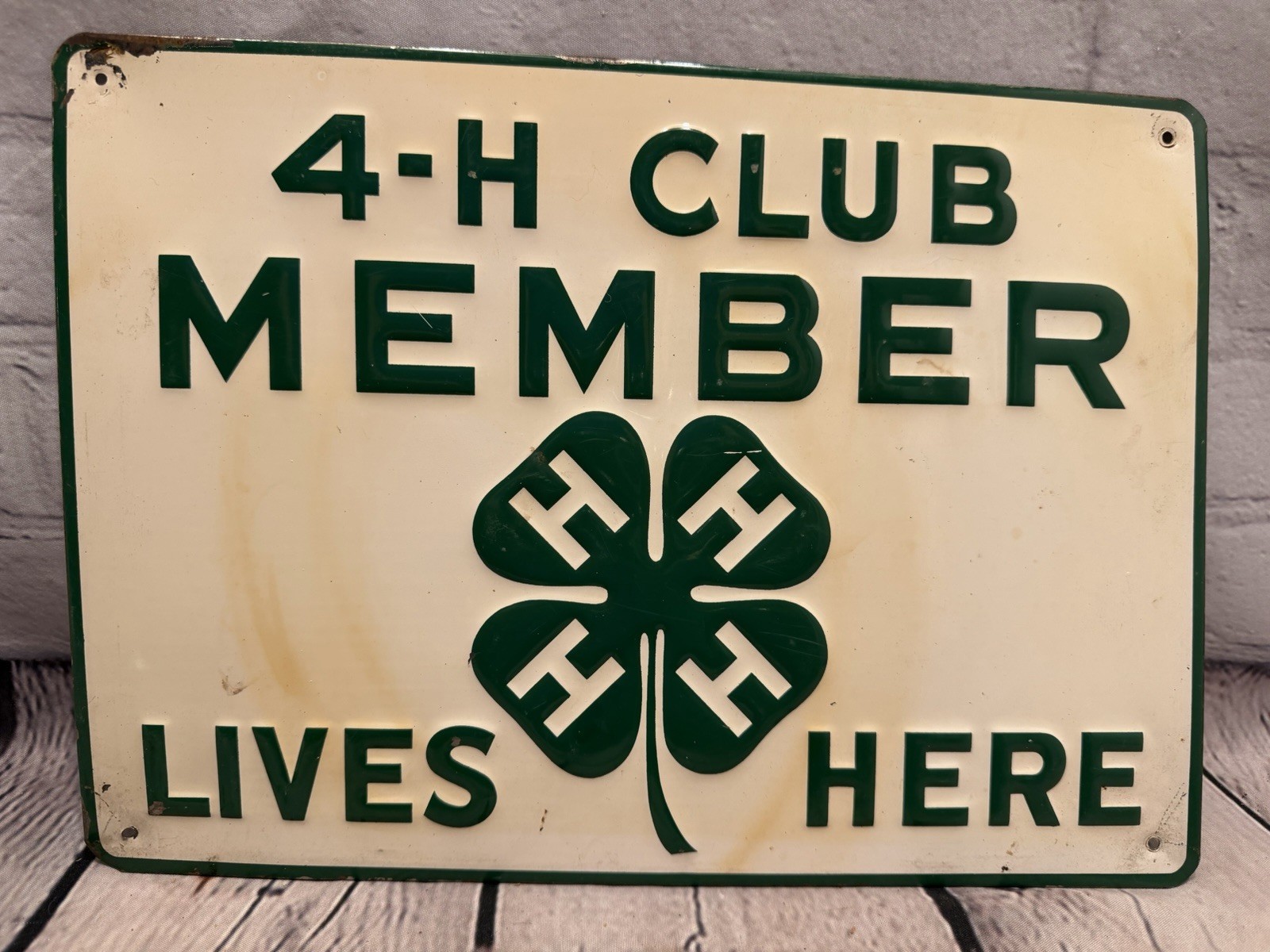 Vintage 4-H Member Sign Lives Here Cloverleaf Embossed Green & White