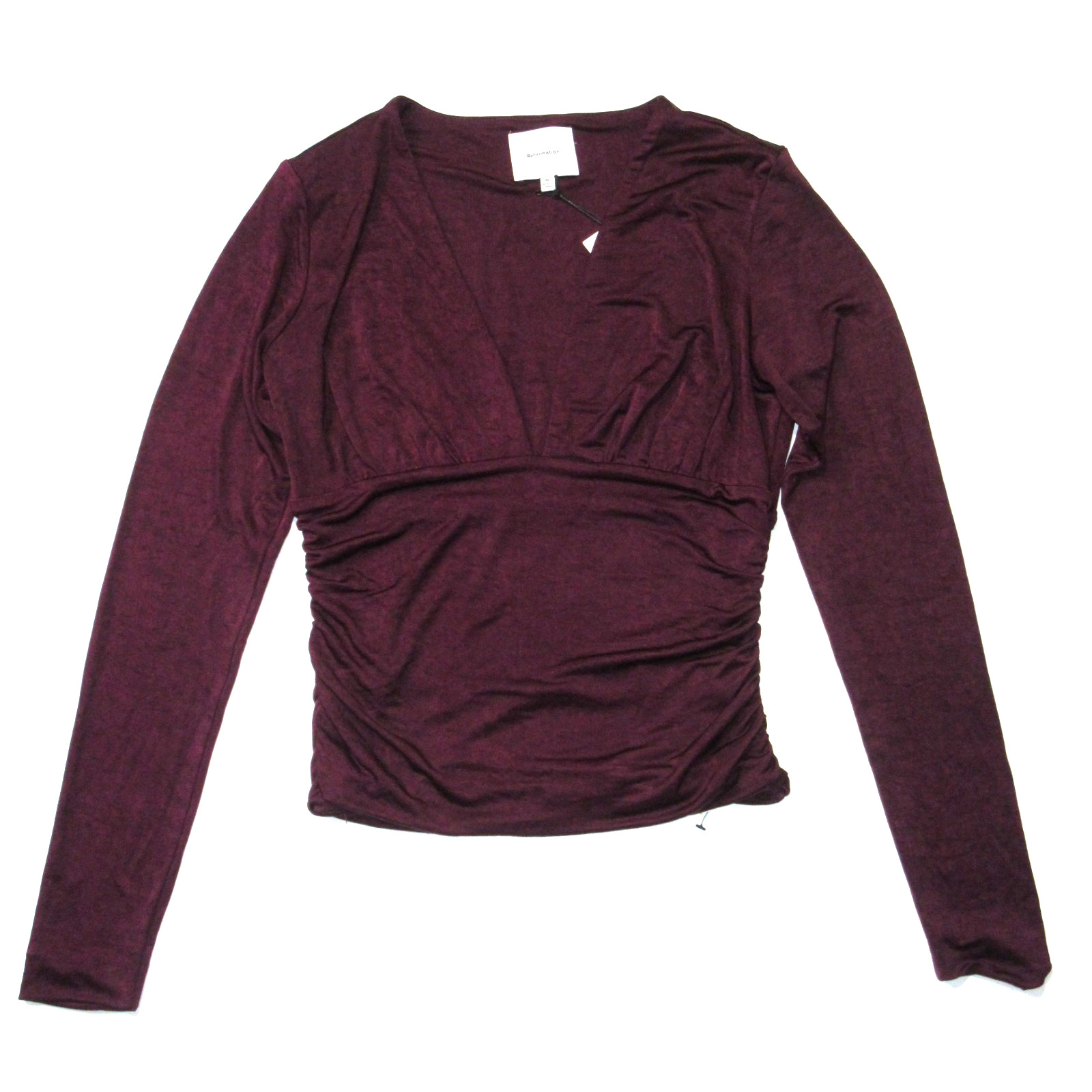 NWT Reformation Ines Knit Top in Wine V-neck Long Sleeve Ruched Blouse M