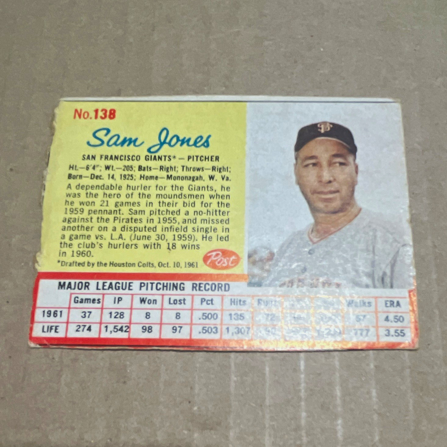 Post 1962 Post Sam Jones #138 San Francisco Giants MLB Baseball Card