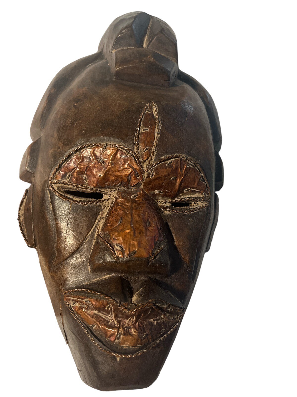 Vintage African Mask Hand Carved Wood~ 13 1/2” Applied Wire Copper Metal Vintage African Mask Hand Carved Wood~ 13 1/2” Applied Wire Copper Metal