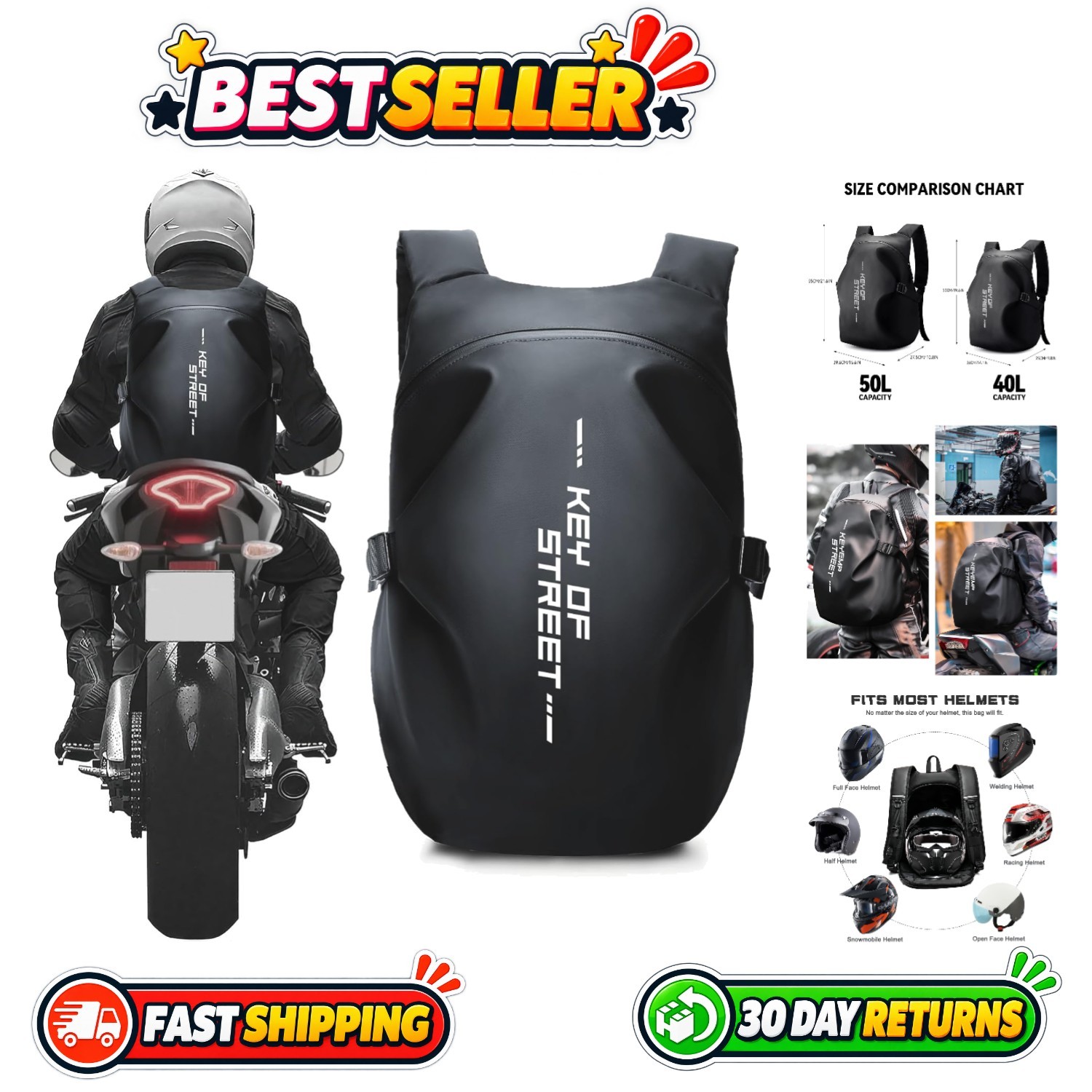 Waterproof Motorcycle Backpack for Men & Women, 17L Capacity, Reflective Strip